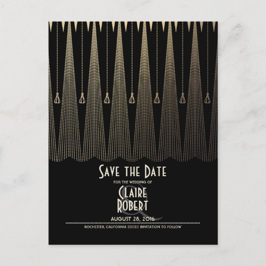 Art Deco Black und Gold Save the Date Vintag Ankündigungspostkarte (Vorderseite)