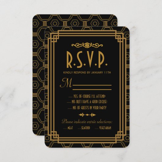 Art Deco Black Wedding Response Cards RSVP Karte (Vorne/Hinten)