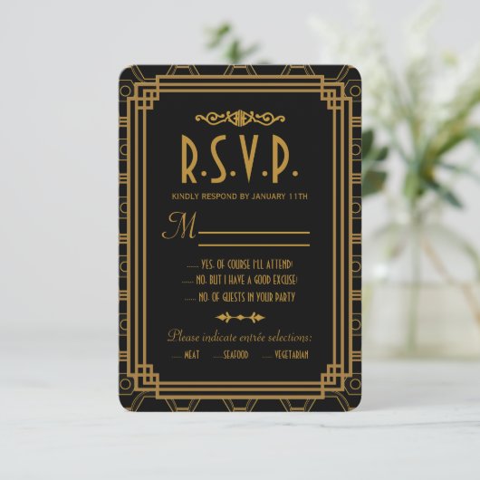Art Deco Black Wedding Response Cards RSVP Karte (Stehend Vorderseite)