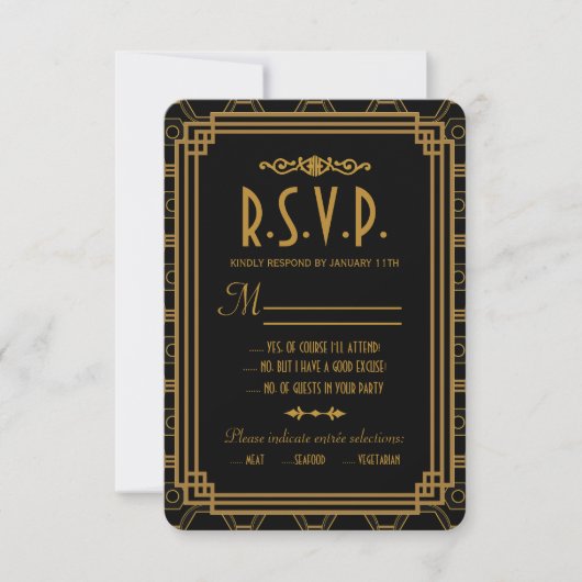 Art Deco Black Wedding Response Cards RSVP Karte (Vorderseite)