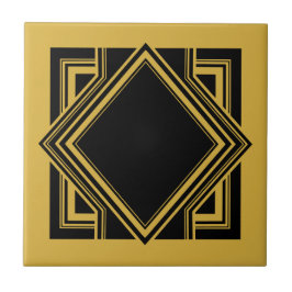 Art Deco Black Yellow Geometric Square Element 05 Fliese