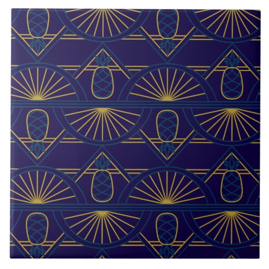 Art Deco Blau Gold Geometrisch Fliese (Vorderseite)