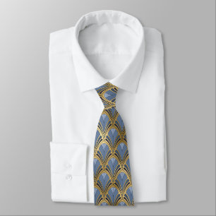 Art Deco Blau Gold Vintage Geometrischer Fächer Mu Krawatte