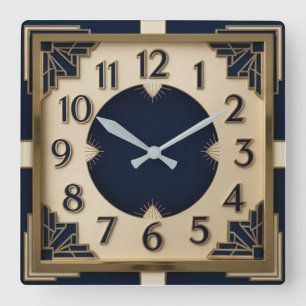 Art Deco Blau Quadratische Wanduhr