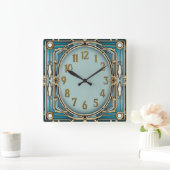 Art Deco Blau Quadratische Wanduhr (Zuhause)