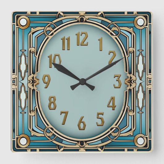 Art Deco Blau Quadratische Wanduhr (Vorderseite)