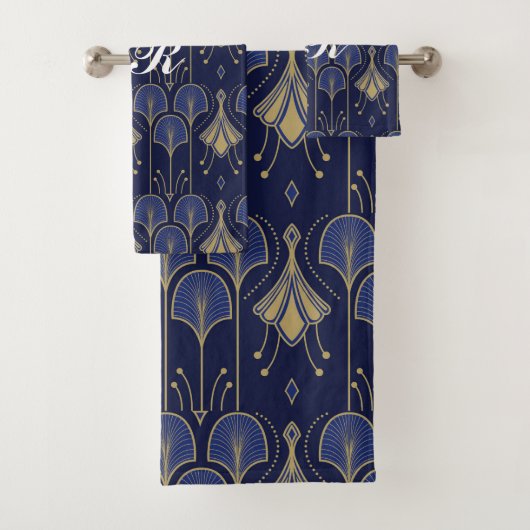 Art Deco Blau und Gold Badhandtuch Set (Insitu)