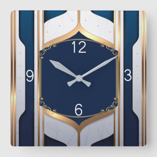 Art Deco Blau und Gold Quadratische Wanduhr (Vorderseite)