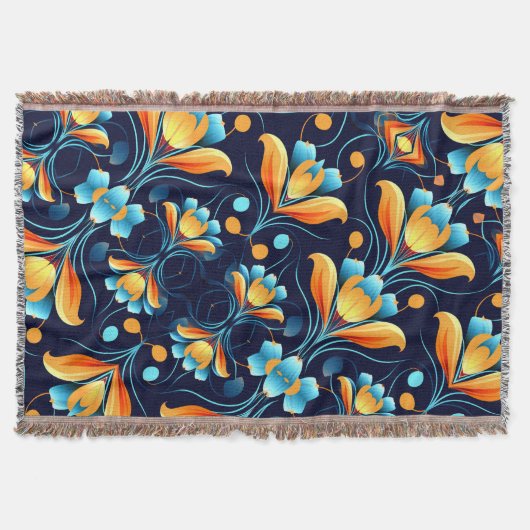 Art Deco blaue orangefarbene Blumen Decke (Vorderseite)