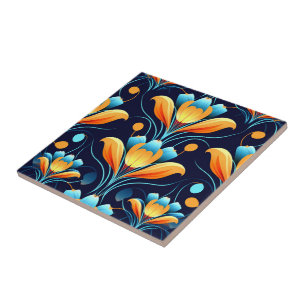 Art Deco blaue orangefarbene Blumen Fliese