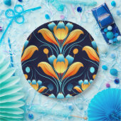 Art Deco blaue orangefarbene Blumen Pappteller (Party)