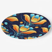 Art Deco blaue orangefarbene Blumen Pappteller (Schrägansicht)