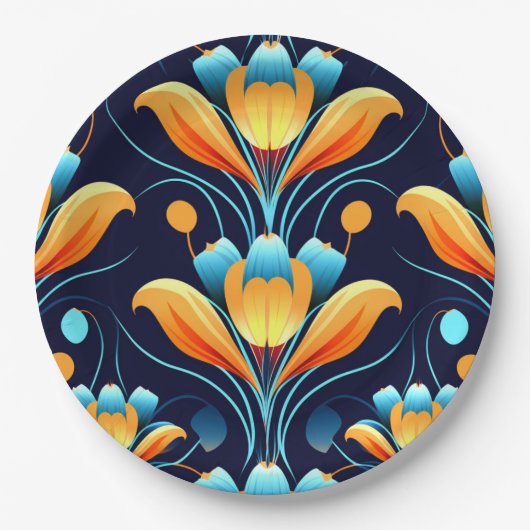 Art Deco blaue orangefarbene Blumen Pappteller (Vorderseite)