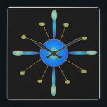 Art Deco Blue/ Aqua/ Gold > Creative Clocks Quadratische Wanduhr<br><div class="desc">A simplistic creative art deco wall clock. This decreative design has a black background and colors of blue aqua and gold .Available in square shape only</div>