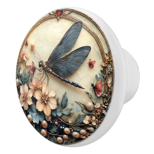 Art Deco Blue Dragonfly Pink Blume Perlen Keramikknauf (Rechts)