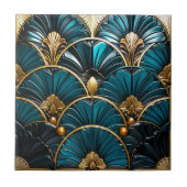 Art Deco Blue Feather Fans and Gold Accents 4.25 Fliese (Vorderseite)