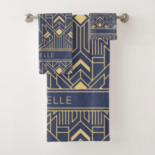 Art Deco Blue Gold Geometric Personalisierter Name Badhandtuch Set