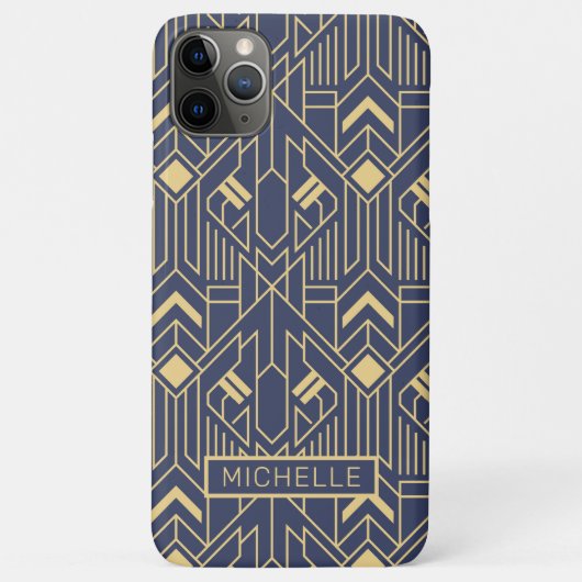 Art Deco Blue Gold Geometric Personalisierter Name Case-Mate iPhone Hülle (Rückseite)