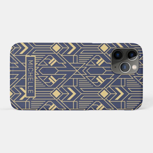 Art Deco Blue Gold Geometric Personalisierter Name Case-Mate iPhone Hülle (Rückseite (Horizontal))