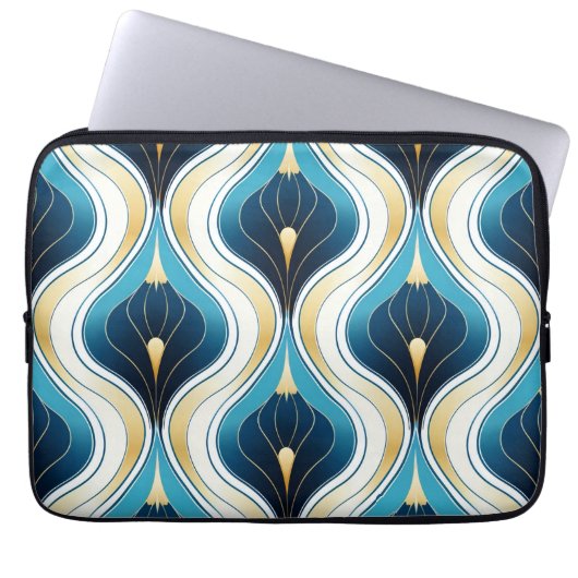 Art Deco Blue Ogee Gold Creme Gemustert Laptopschutzhülle (Vorderseite)