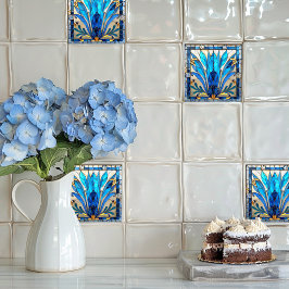 Art Deco Blue White Gold Blume Petals Fliese