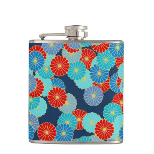 Art Deco Blume - blau, türkis und rot Flachmann