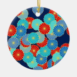 Art Deco Blume - blau, türkis und rot Keramik Ornament