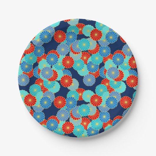 Art Deco Blume - blau, türkis und rot Pappteller (Vorderseite)