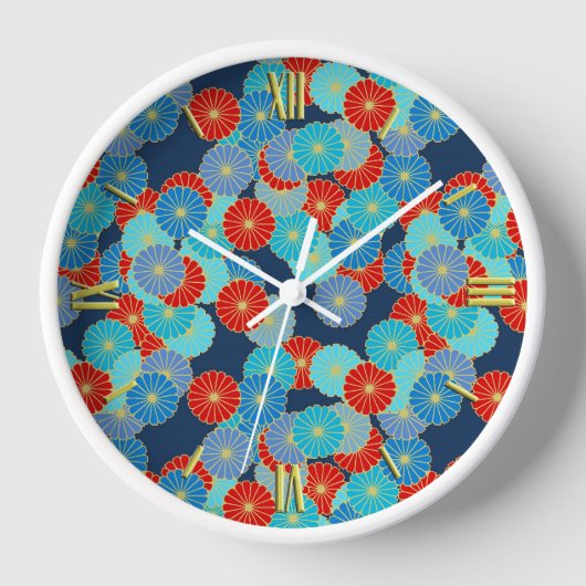 Art Deco Blume - blau, türkis und rot Uhr (Vorderseite)