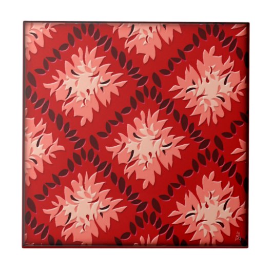 Art Deco Blume Grid - Reds Fliese (Vorderseite)
