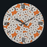 Art-Deco-Blume Große Wanduhr<br><div class="desc">Ein Art-Deco-Muster, das auf einem traditionellen, stilisierten Chrysanthemum-Muster basiert, das in japanischen Textilien verwendet wird, in cremigem Weiß, schwarz mit rostorangefarbenem Hintergrund</div>