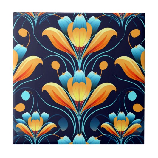 Art-Deco-Blume in Orange Fliese (Vorderseite)