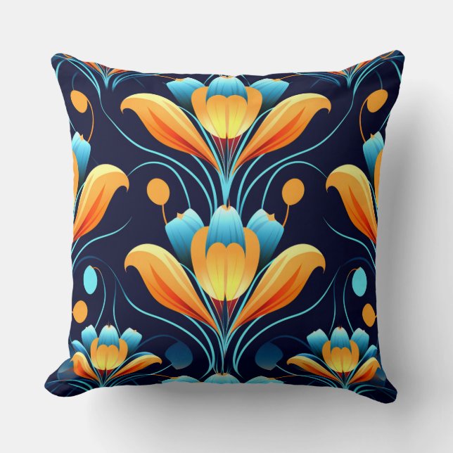 Art-Deco-Blume in Orange Kissen (Vorderseite)