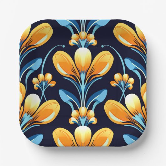 Art-Deco-Blume in Orange Pappteller (Vorderseite)