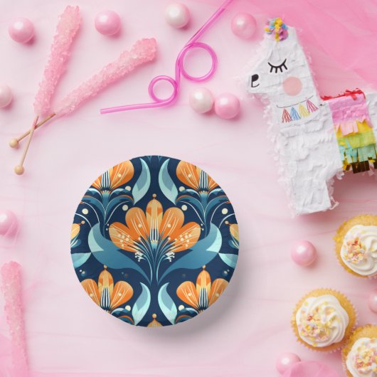 Art-Deco-Blume in Orange Pappteller (Party)