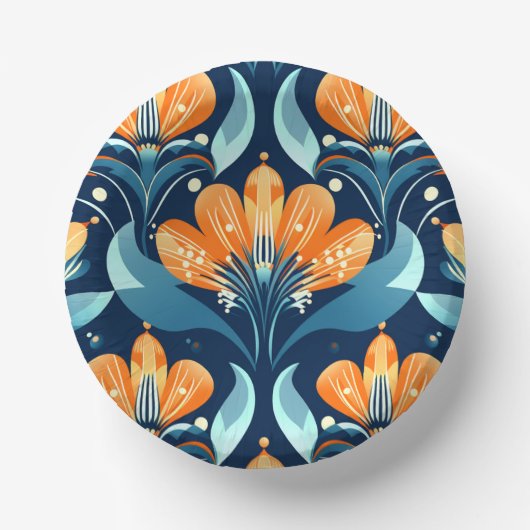 Art-Deco-Blume in Orange Pappteller (Vorderseite)