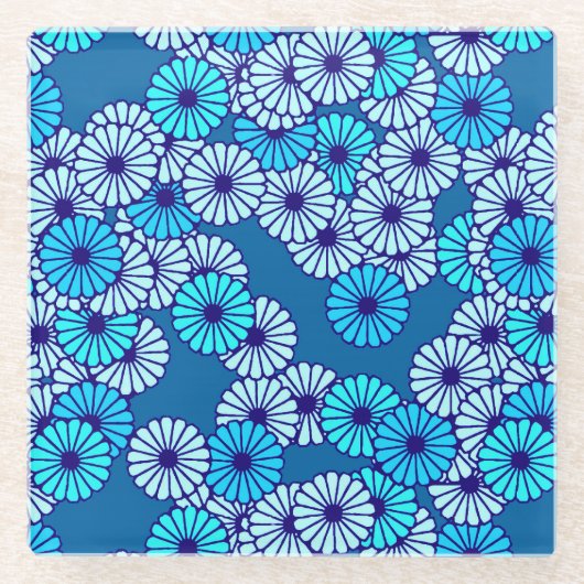 Art Deco Blume Muster - Blautöne Glasuntersetzer (Vorderseite)