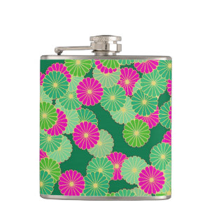 Art Deco Blume Muster - Grüntöne, Fuchsia Flachmann