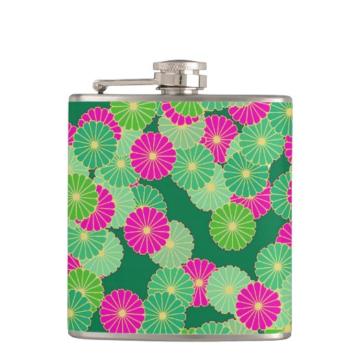 Art Deco Blume Muster - Grüntöne, Fuchsia Flachmann (Vorderseite)