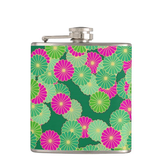 Art Deco Blume Muster - Grüntöne, Fuchsia Flachmann (Vorderseite)