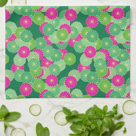 Art Deco Blume Muster - Grüntöne, Fuchsia Geschirrtuch (Gefaltet)