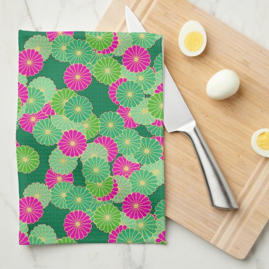 Art Deco Blume Muster - Grüntöne, Fuchsia Geschirrtuch (Viertel Falte)