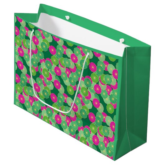 Art Deco Blume Muster - Grüntöne, Fuchsia Große Geschenktüte (Vorderseite Schrägansicht)