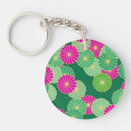 Art Deco Blume Muster - Grüntöne, Fuchsia Schlüsselanhänger (Vorderseite)
