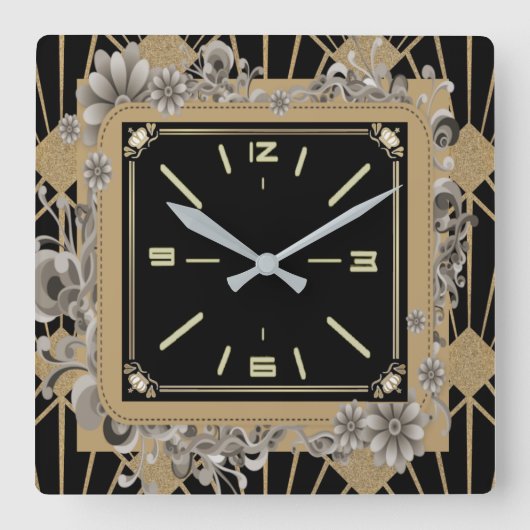 Art-Deco-Blume Quadratische Wanduhr (Vorderseite)