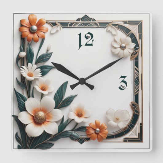 Art-Deco-Blume Quadratische Wanduhr (Vorderseite)