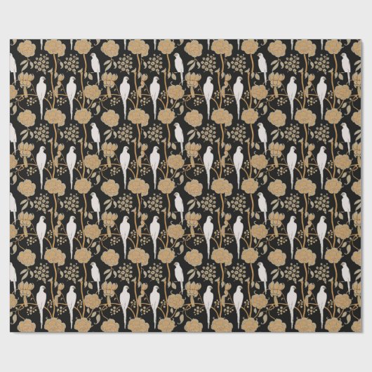 ART DECO BLUME, WEISSE PARRONEN AUF SCHWARZ GESCHENKPAPIER (Flach)