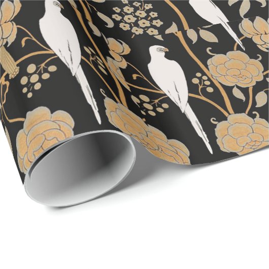 ART DECO BLUME, WEISSE PARRONEN AUF SCHWARZ GESCHENKPAPIER (Rolleneckpunkt)