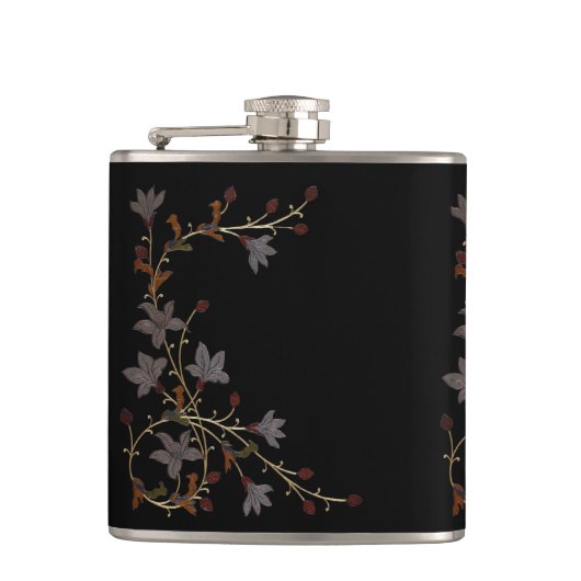 Art Deco Blumen auf Schwarz Flachmann (Vorderseite)