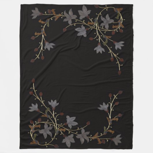Art Deco Blumen auf Schwarz Fleecedecke (Vorderseite)